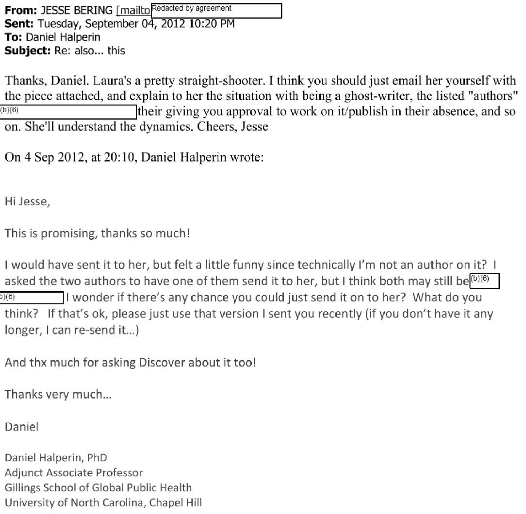 Email from Jesse Bering to Daniel Halperin advising him to email the Slate editor himself and explain the ghostwriting arrangement, including his note that the listed authors had given him approval to publish in their absence.