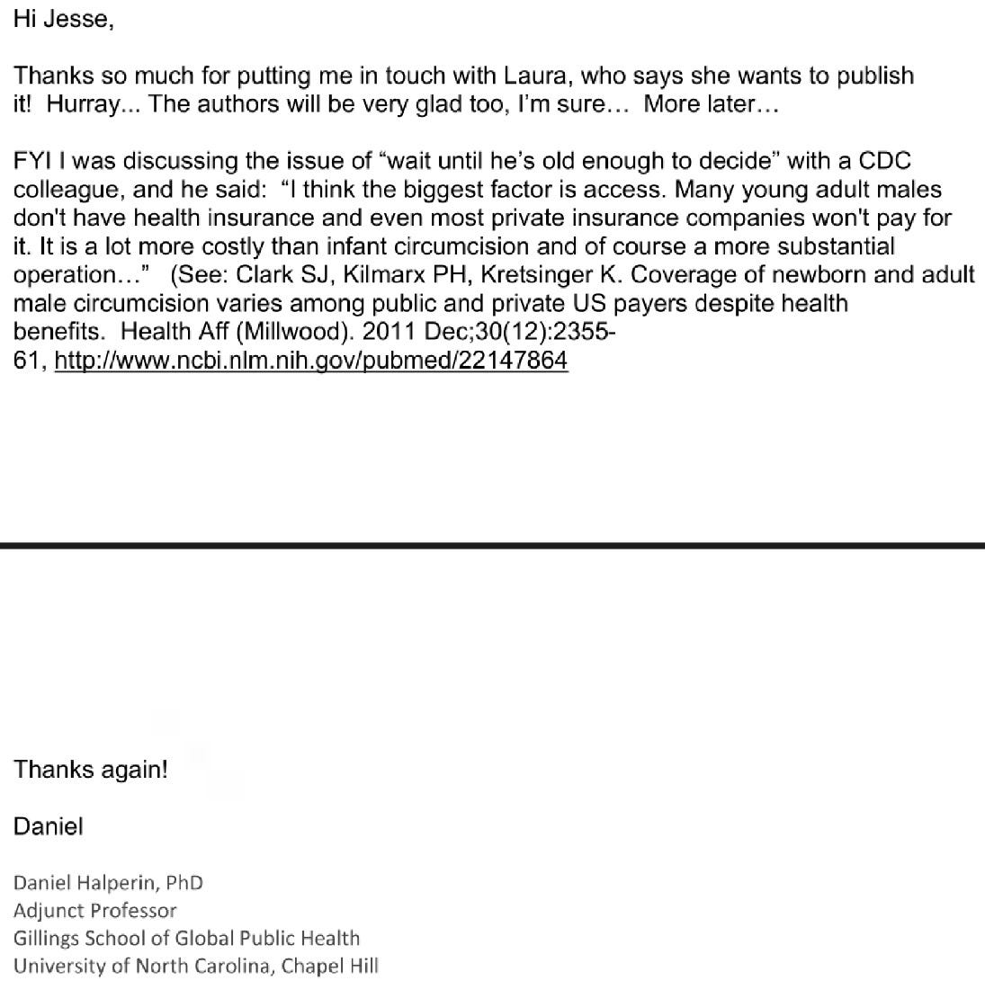 Email from Daniel Halperin to Jesse Bering citing a CDC colleague’s comments on access and cost as reasons to circumcise infants rather than wait for adult consent.