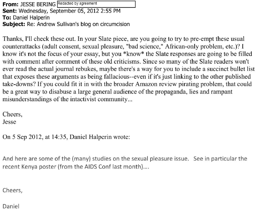 Email from Jesse Bering to Daniel Halperin asking whether the Slate piece would preempt likely reader pushback on consent, sexual pleasure, and the quality of the underlying science.